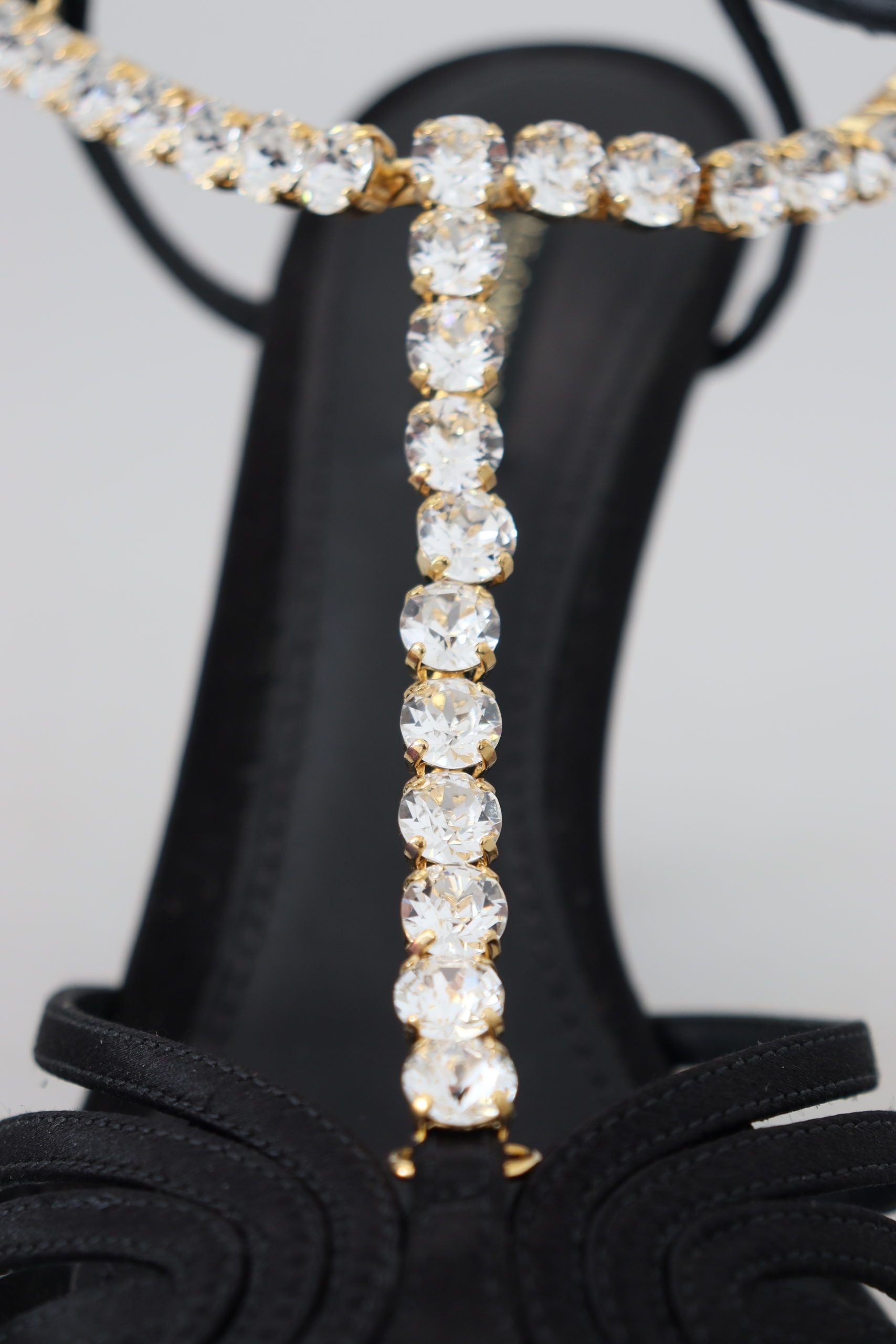 Dolce & Gabbana Black Satin Clear Crystal T-Strap Sandals Shoes