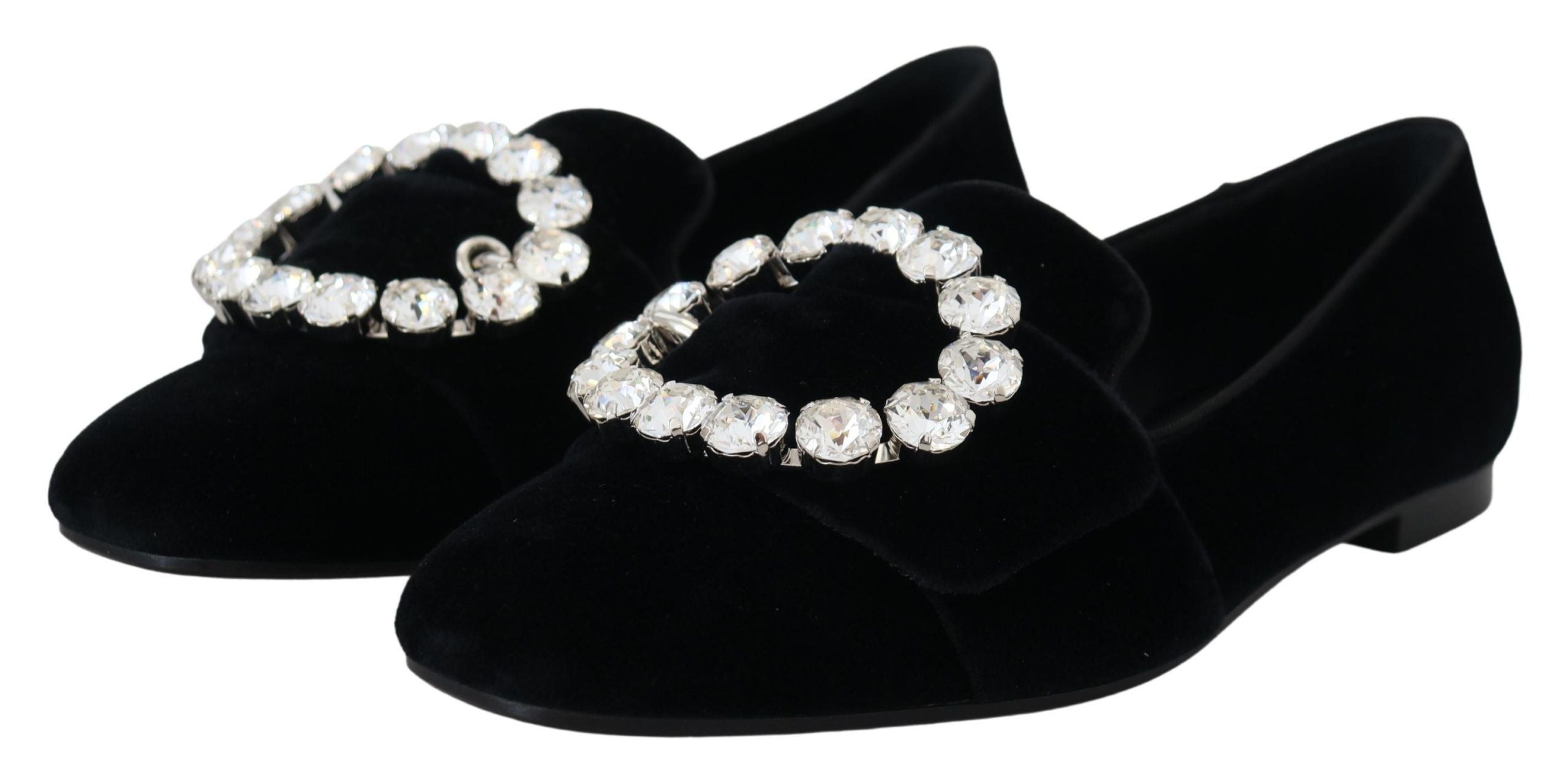 Dolce & Gabbana Black Velvet Crystal Loafers Flats Shoes