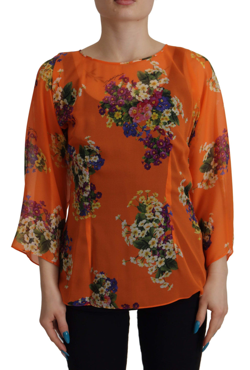 Dolce & Gabbana Orange Floral Print Long-Sleeve Blouse