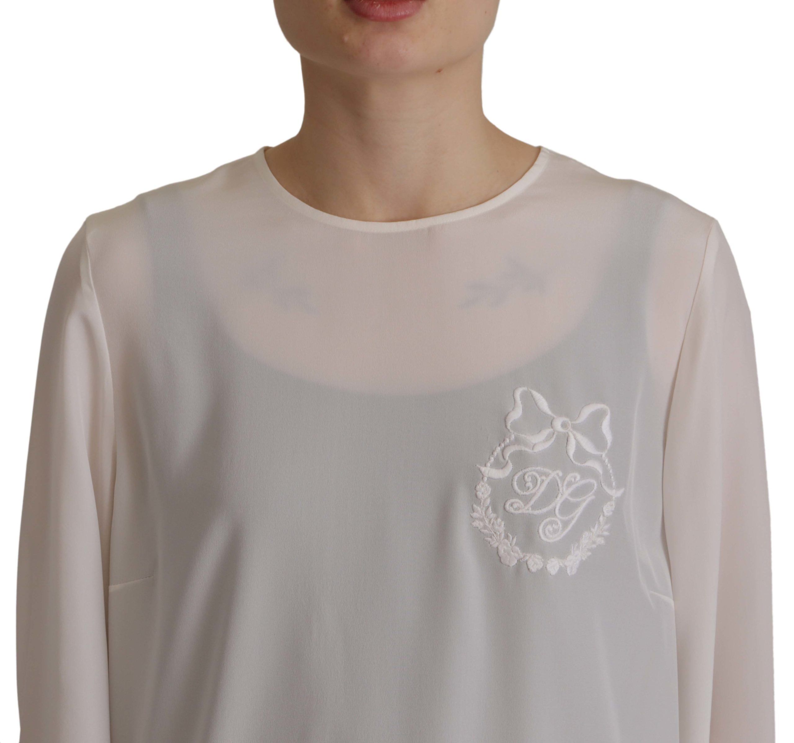 Dolce & Gabbana White Silk Blouse with DG Logo Embroidery and Long Sleeves