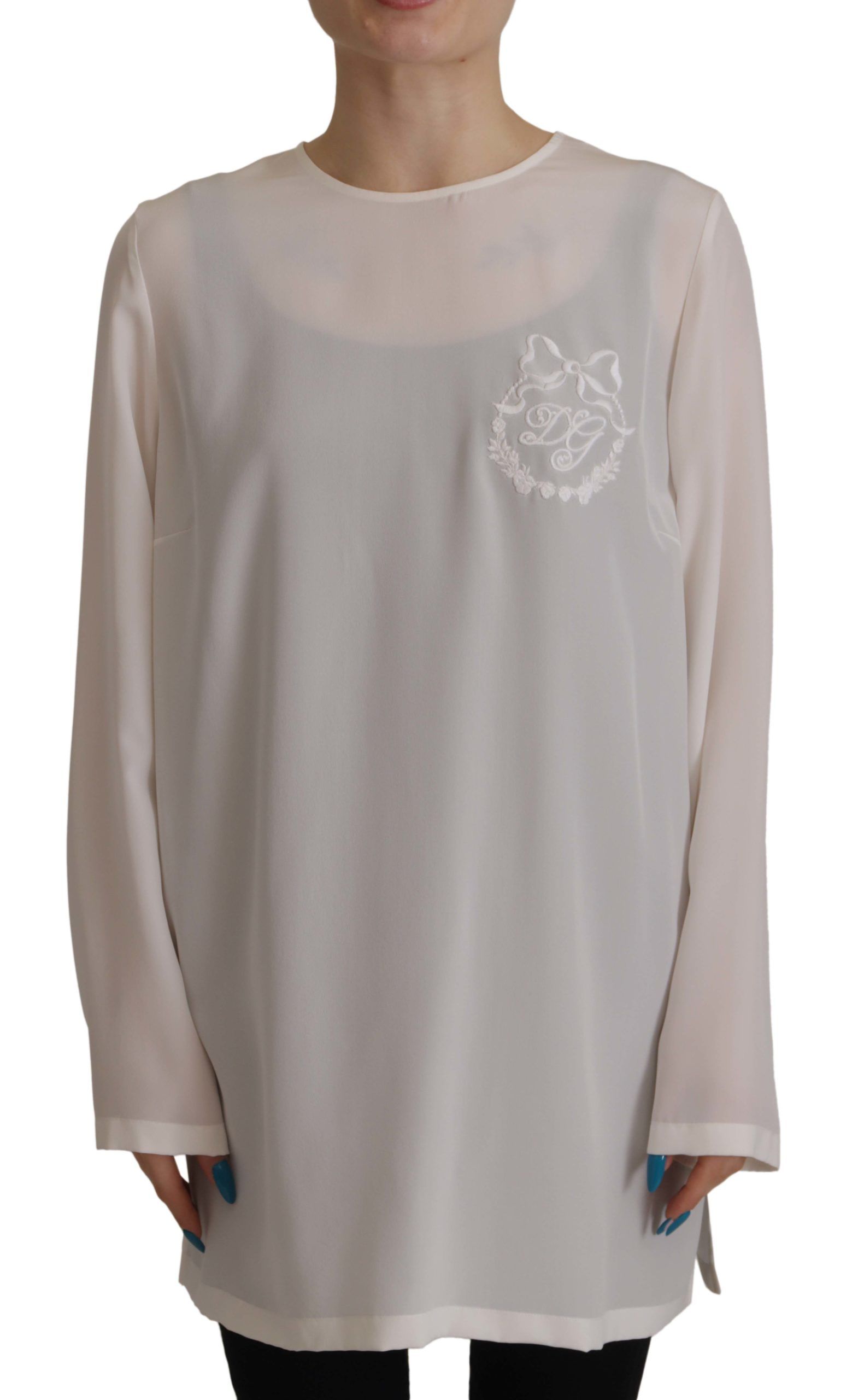 Dolce & Gabbana White Silk Blouse with DG Logo Embroidery and Long Sleeves