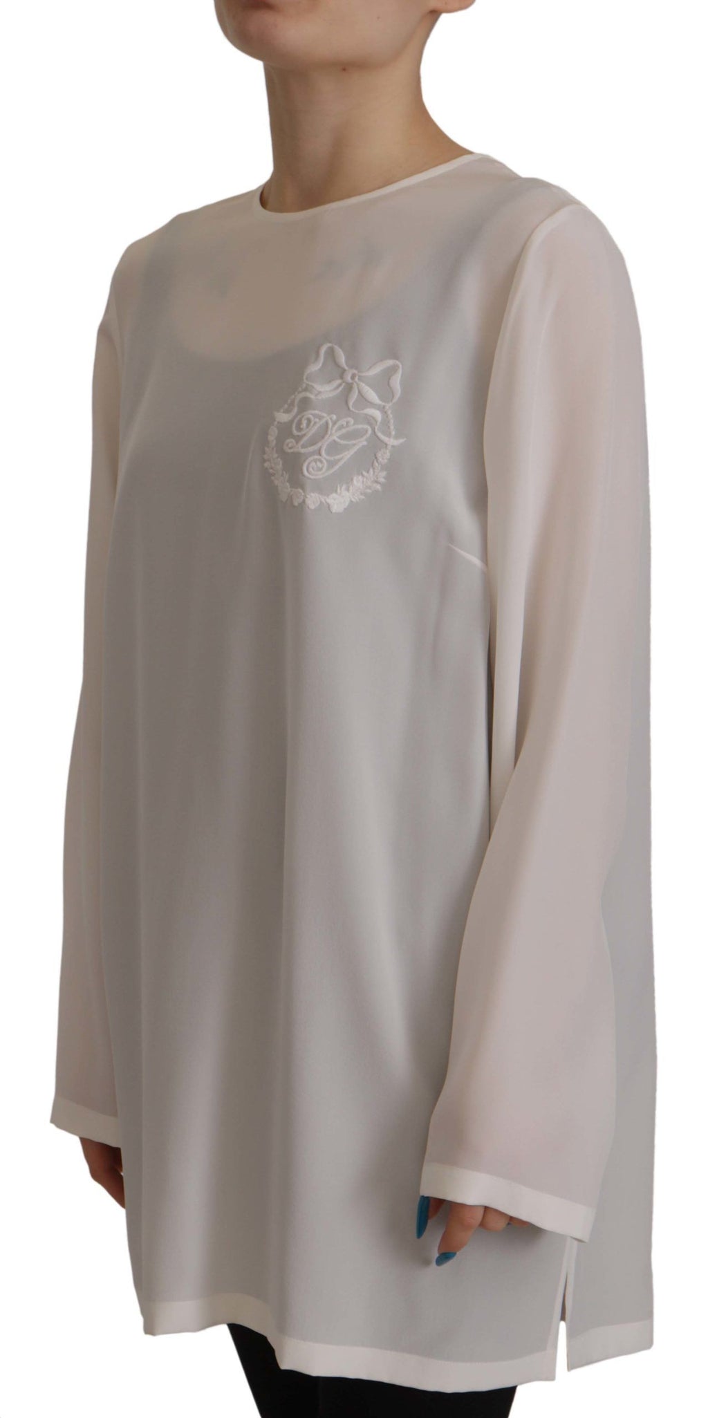 Dolce & Gabbana White Silk Blouse with DG Logo Embroidery and Long Sleeves