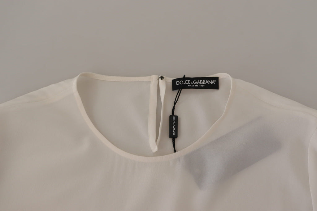 Dolce & Gabbana White Silk Blouse with DG Logo Embroidery and Long Sleeves