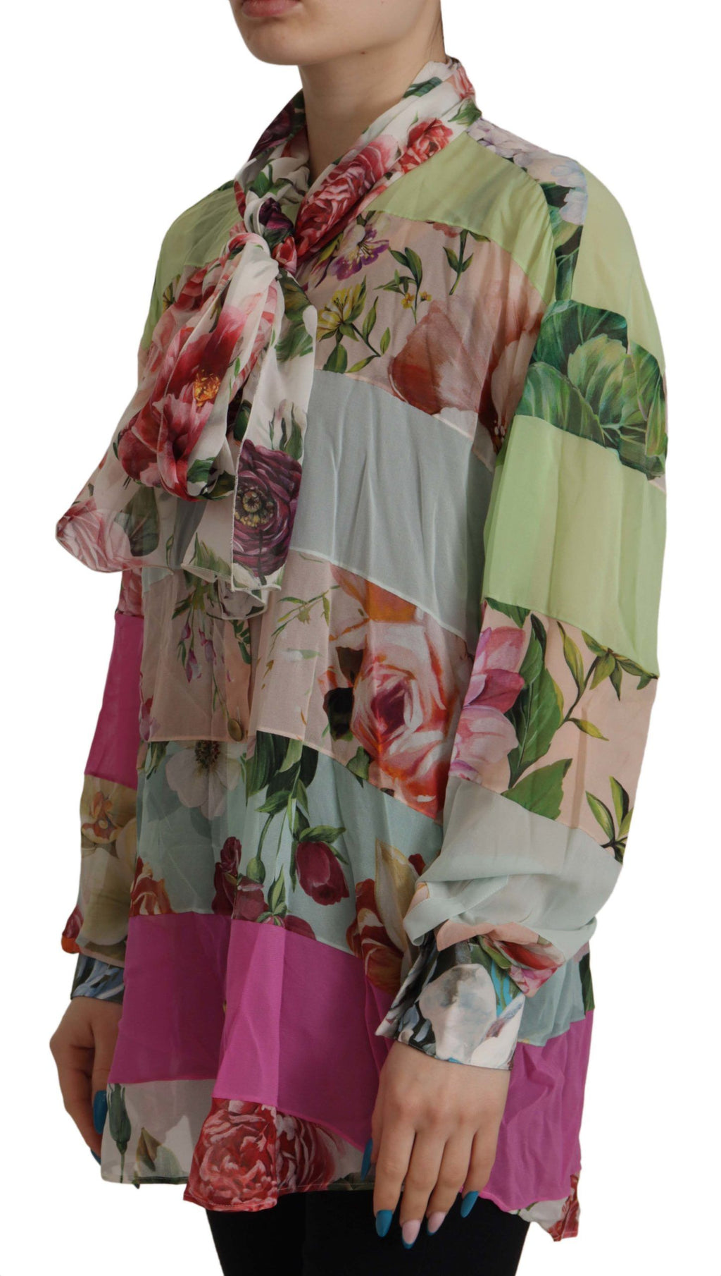 Dolce & Gabbana Multicolor Floral Patchwork Design Ascot Kragen Top Bluse