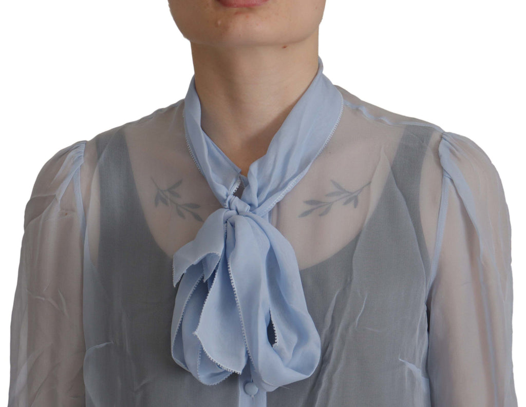 Dolce & Gabbana Hellblaues Seiden-Ascot-Kragen-Top mit langen Ärmeln
