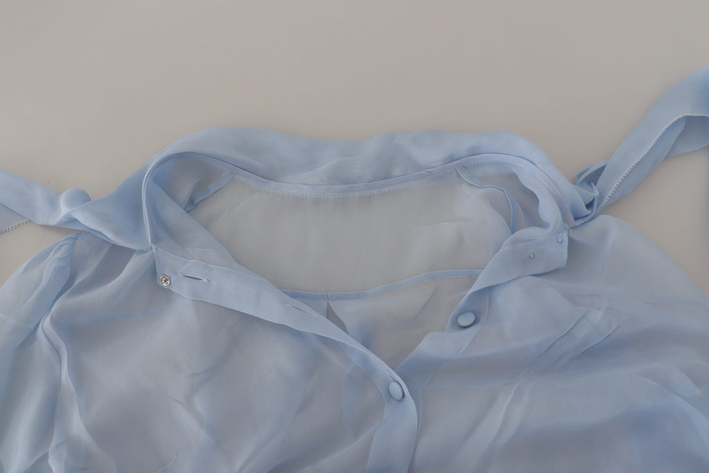 Dolce & Gabbana Hellblaues Seiden-Ascot-Kragen-Top mit langen Ärmeln