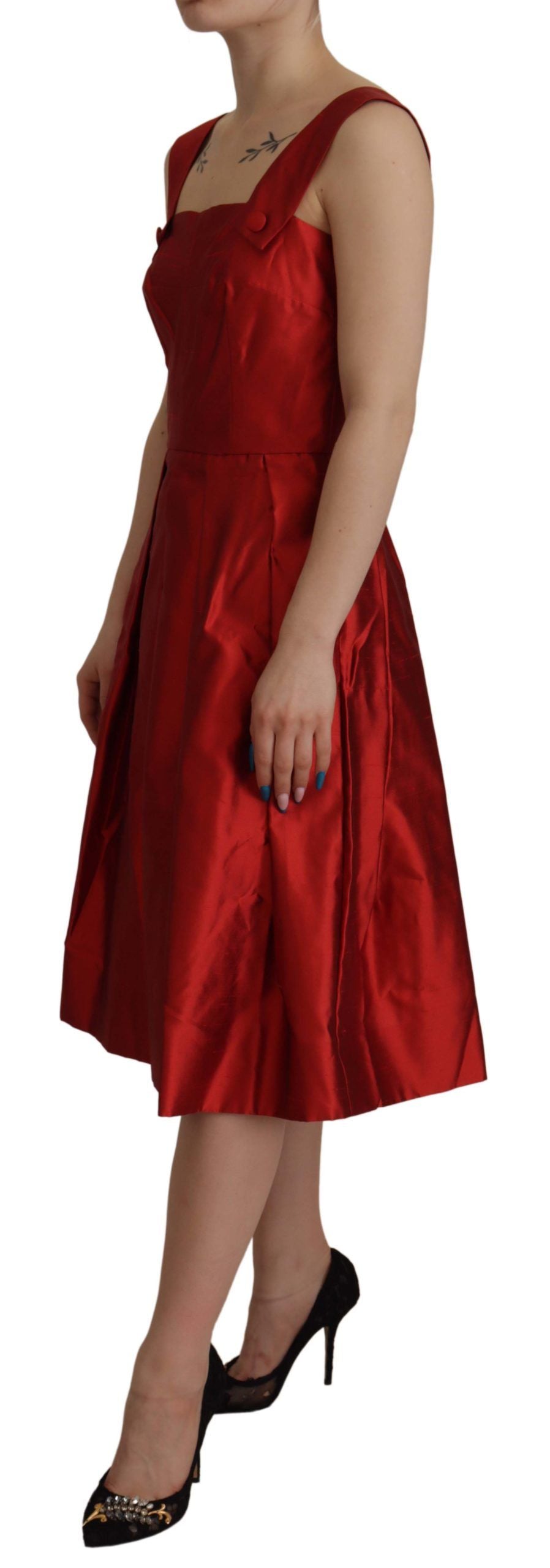 Dolce & Gabbana Rotes A-Linien-Kleid aus plissiertem Satin und Seide