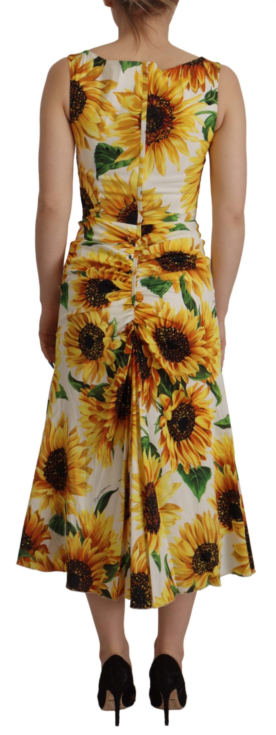 Dolce & Gabbana Weißer Sonnenblumendruck Mantel Midi Seide