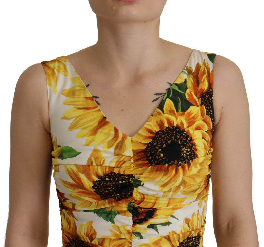 Dolce & Gabbana Weißer Sonnenblumendruck Mantel Midi Seide