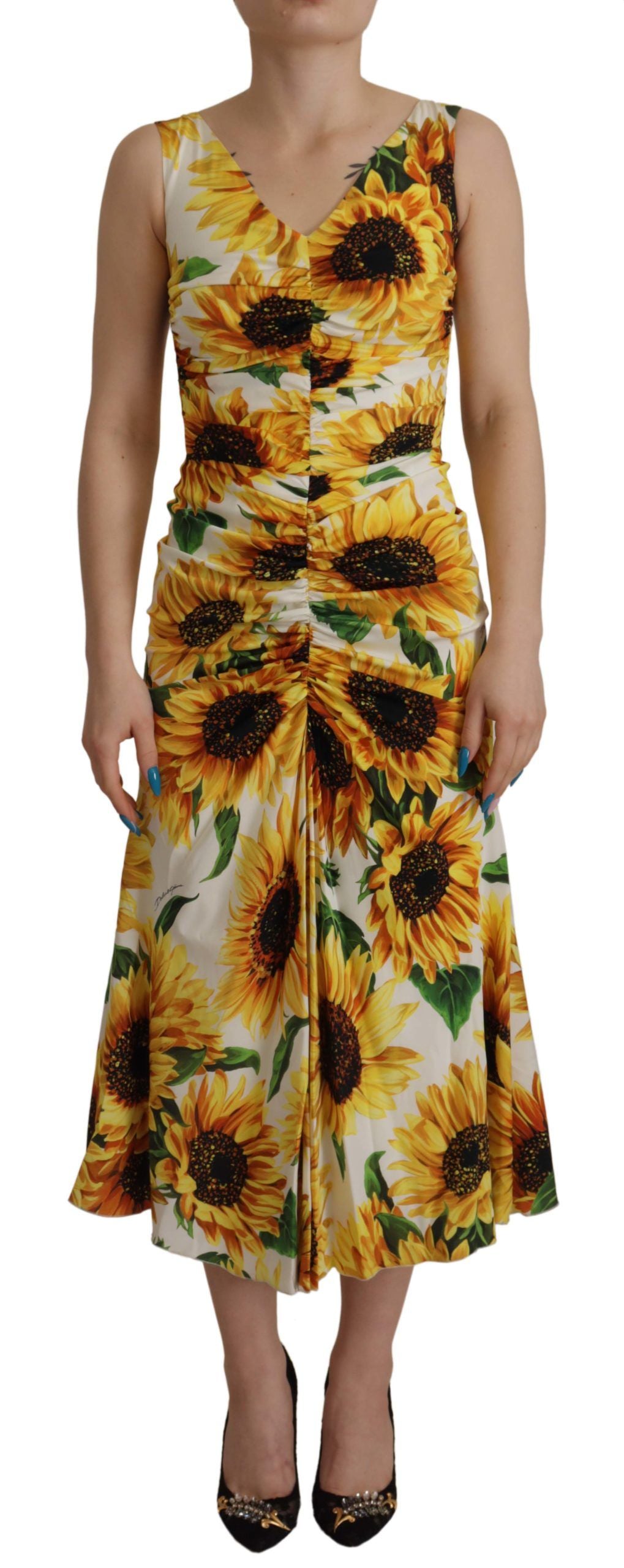 Dolce & Gabbana Weißer Sonnenblumendruck Mantel Midi Seide