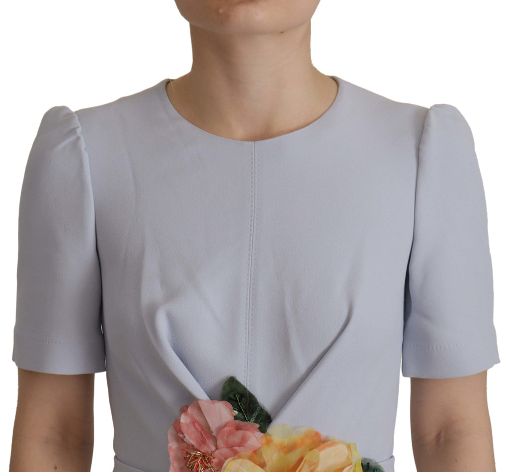 Dolce & Gabbana Blue Midi Dress in Viscose with Floral Appliqués