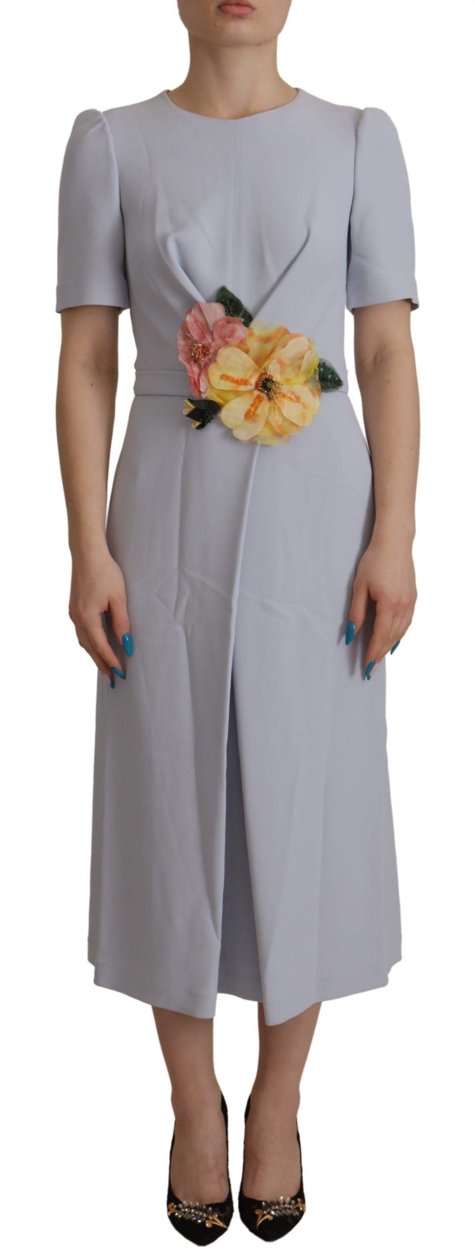 Dolce & Gabbana Blue Midi Dress in Viscose with Floral Appliqués