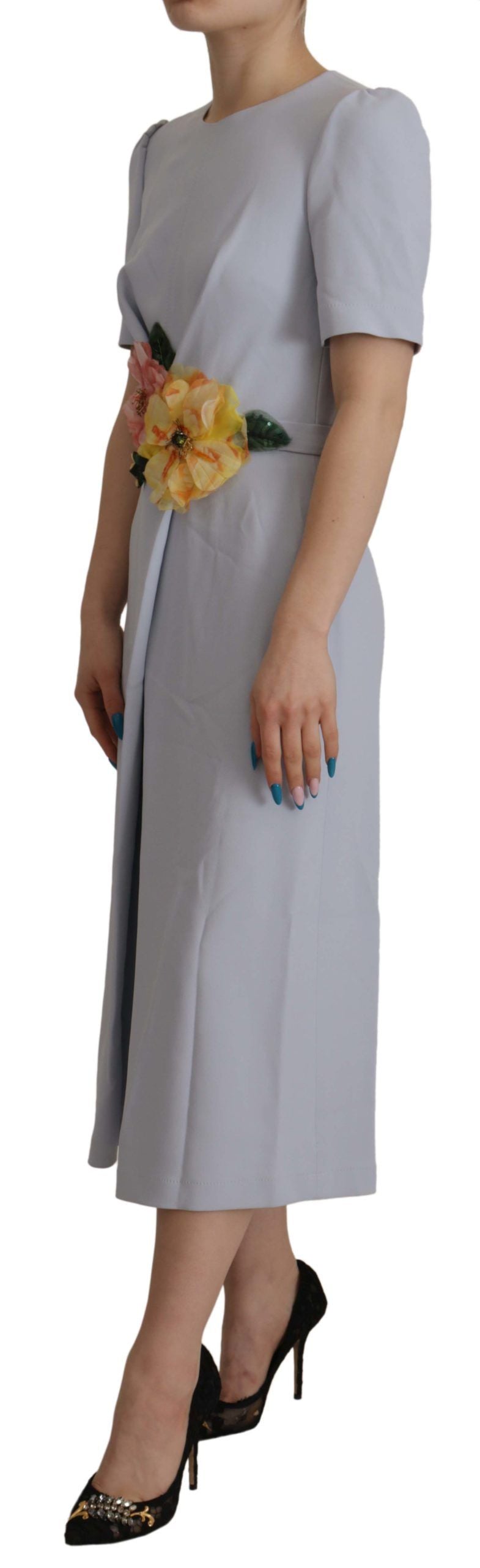 Dolce & Gabbana Blue Midi Dress in Viscose with Floral Appliqués