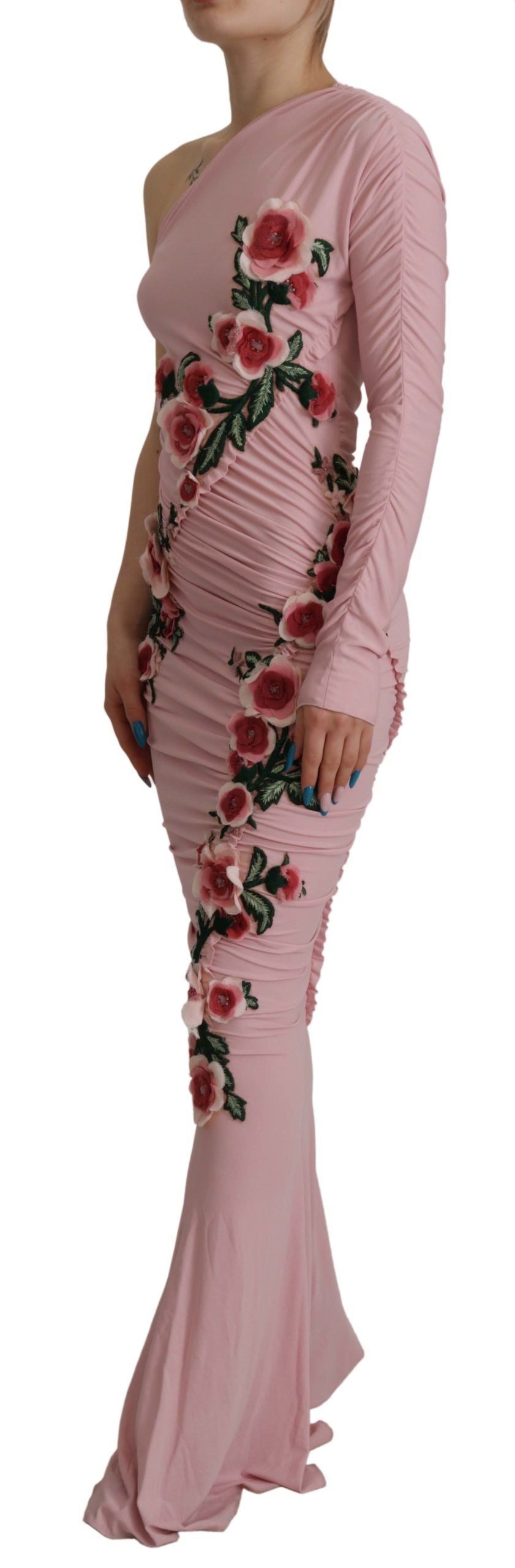 Dolce & Gabbana Rosa blumengeschmücktes One-Shoulder-Kleid