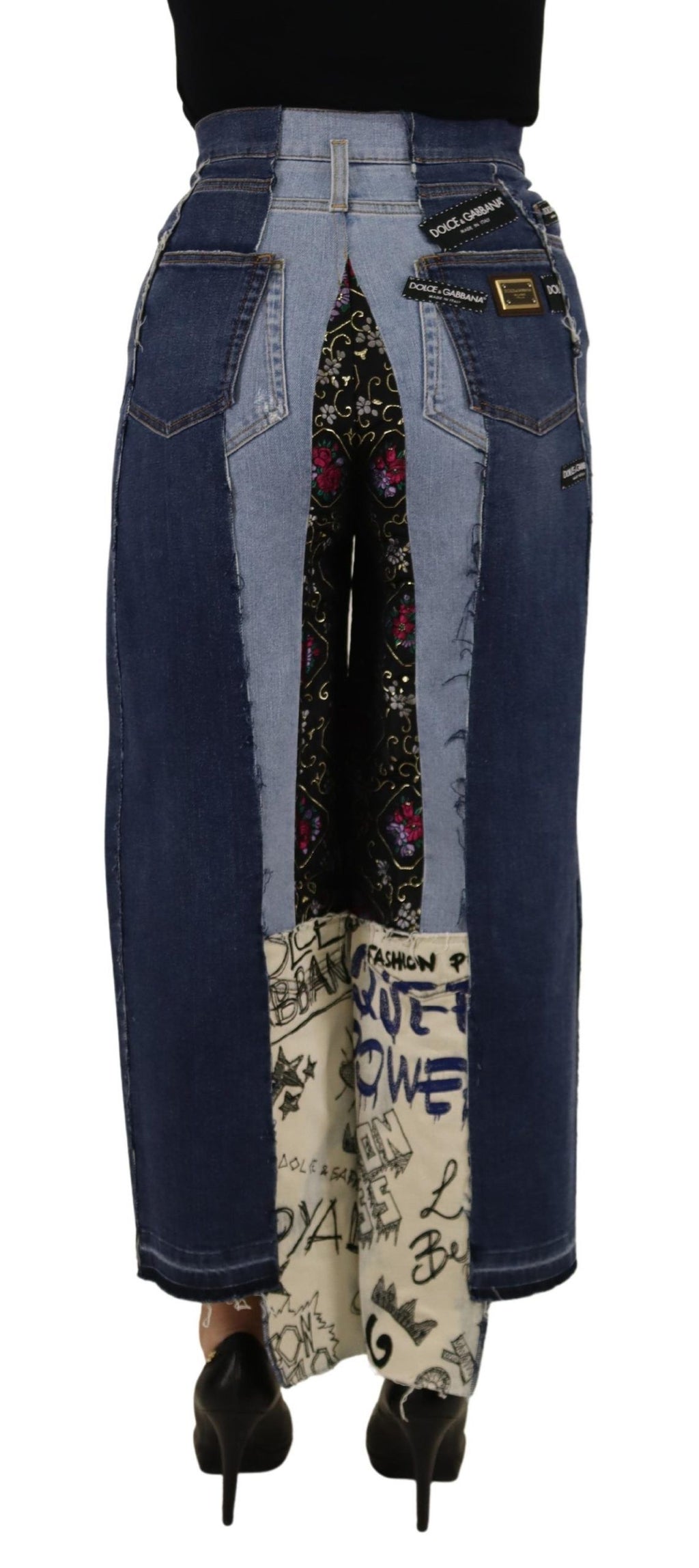 Dolce & Gabbana Multicolor Patchwork DG Fashion Wide-Leg Denim Trousers