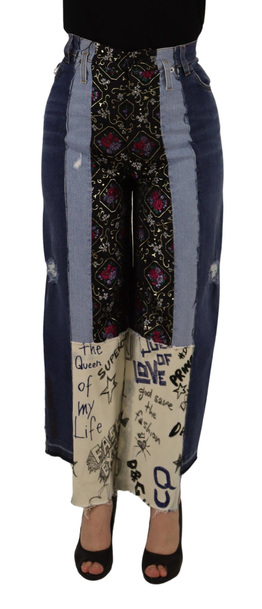 Dolce & Gabbana Multicolor Patchwork DG Fashion Wide-Leg Denim Trousers