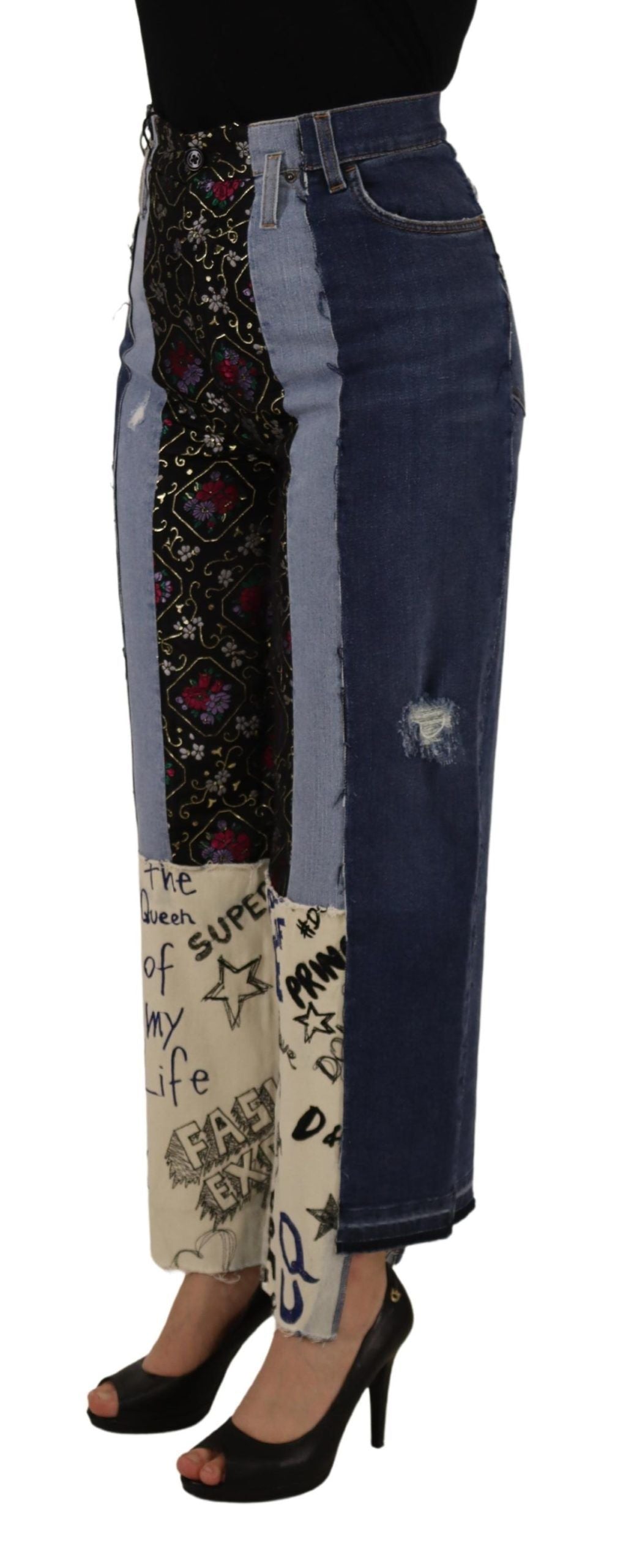 Dolce & Gabbana Multicolor Patchwork DG Fashion Wide-Leg Denim Trousers