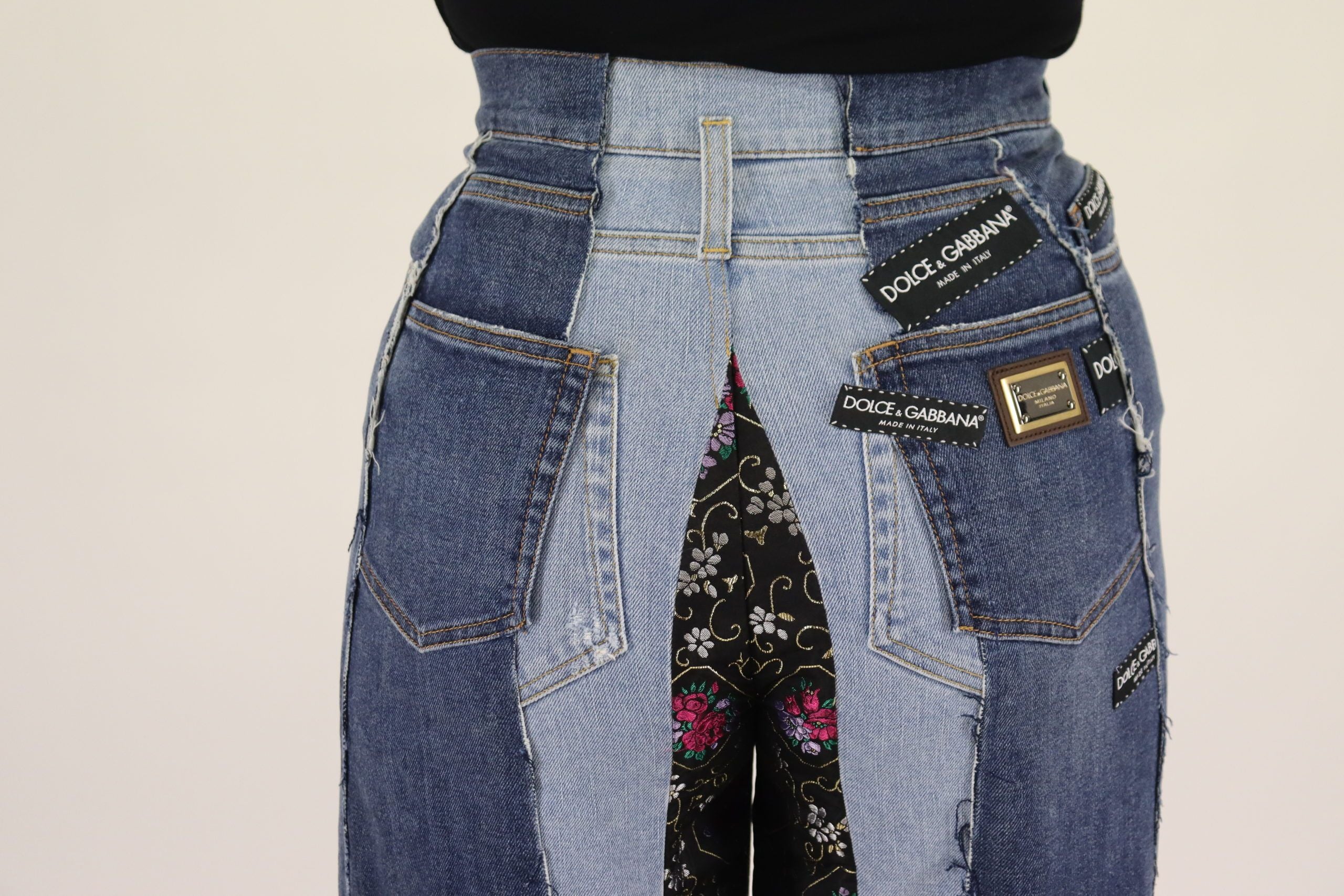 Dolce & Gabbana Multicolor Patchwork DG Fashion Wide-Leg Denim Trousers