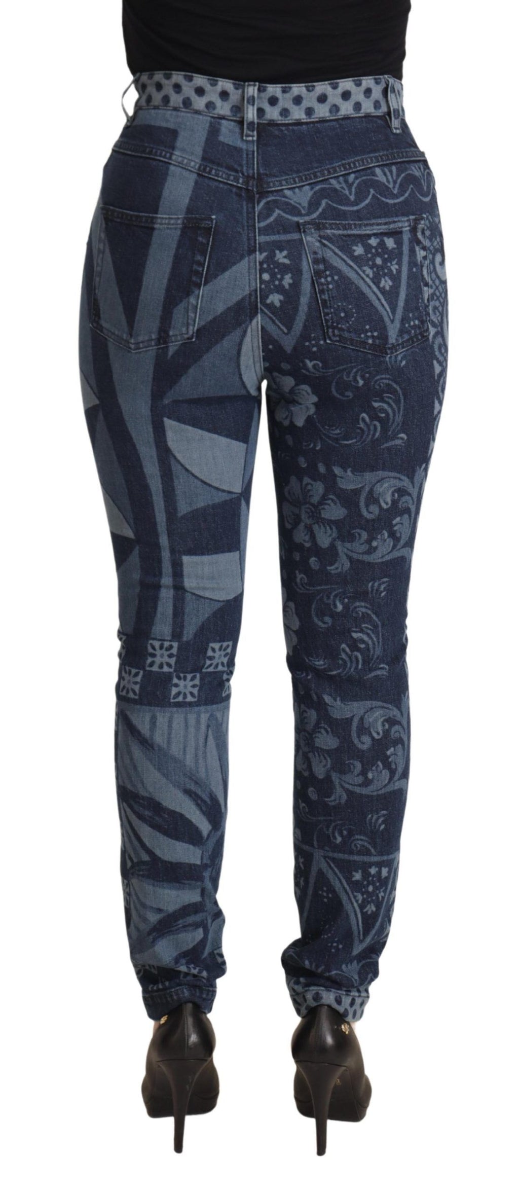 Dolce & Gabbana Blaue, geblümte Skinny-Jeans mit hoher Taille