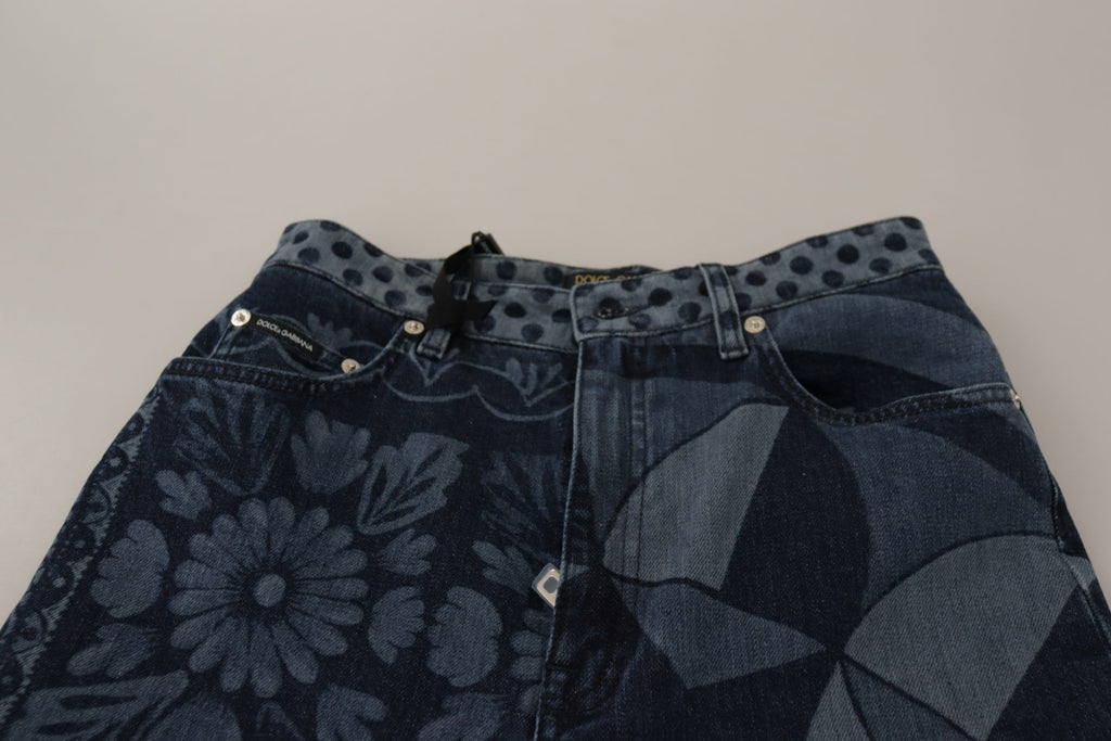 Dolce & Gabbana Blaue, geblümte Skinny-Jeans mit hoher Taille