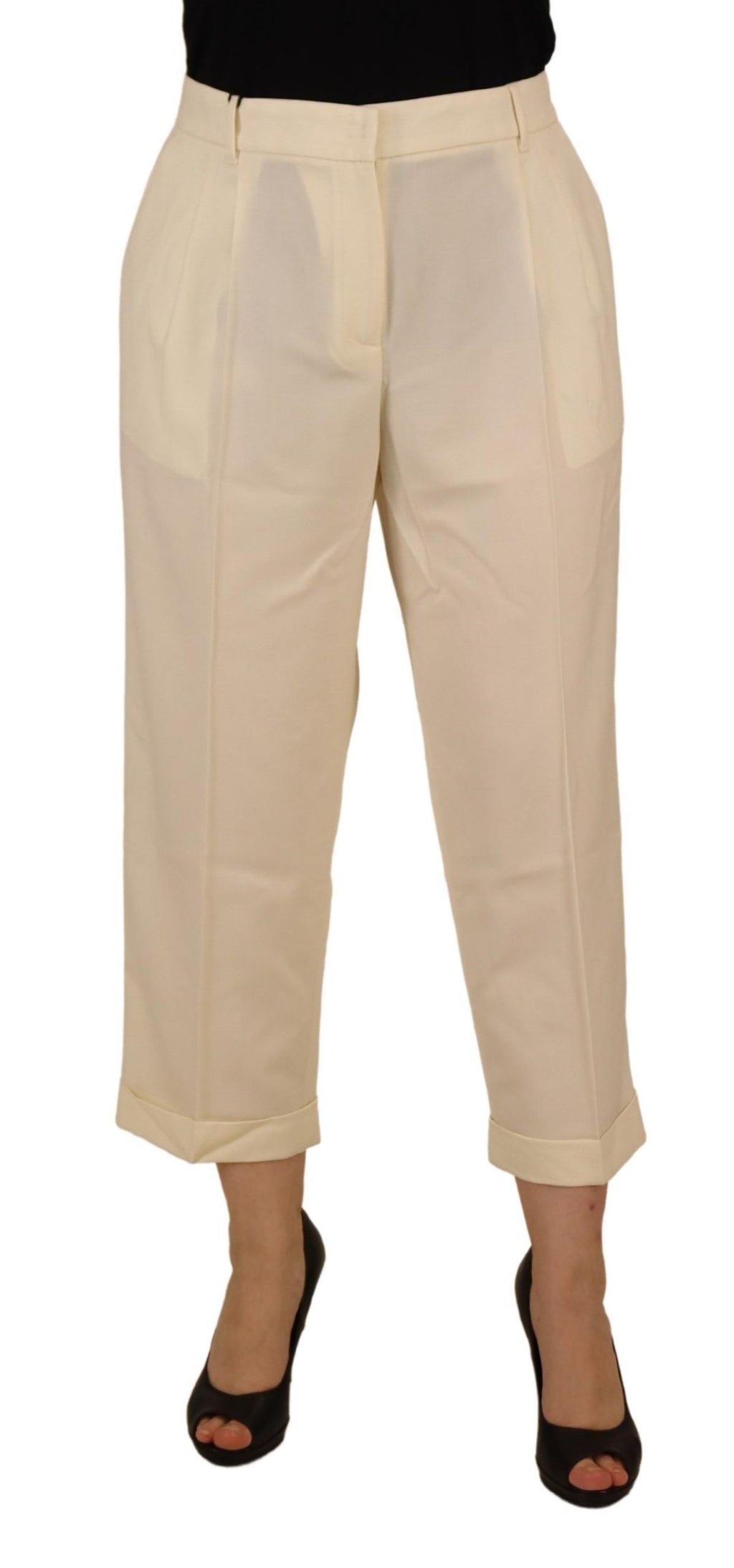 Dolce & Gabbana Elfenbeinfarbene Hose mit hoher Taille und umgeschlagenem Saum