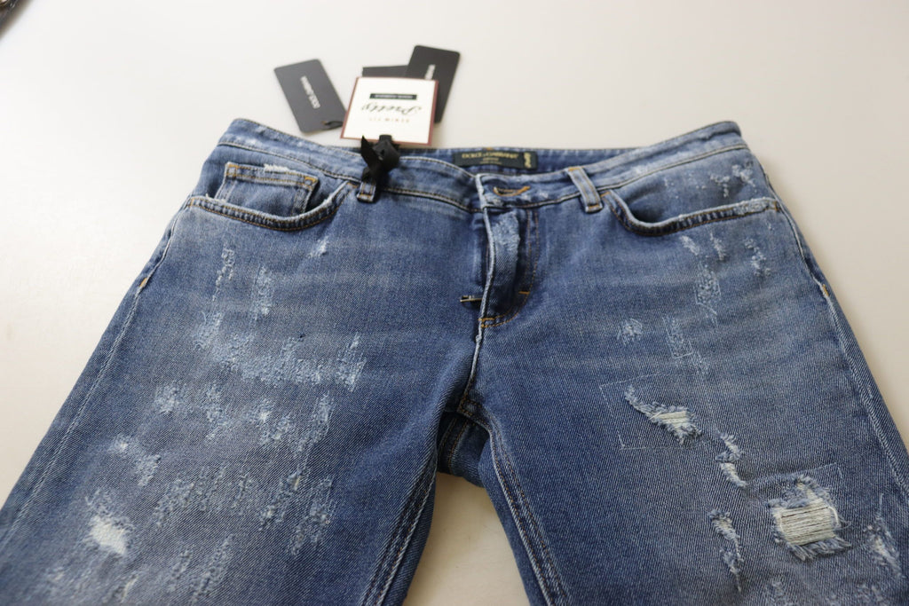 Dolce & Gabbana Blaue gewaschene Baumwoll-Skinny-Jeans mit niedriger Taille aus Denim
