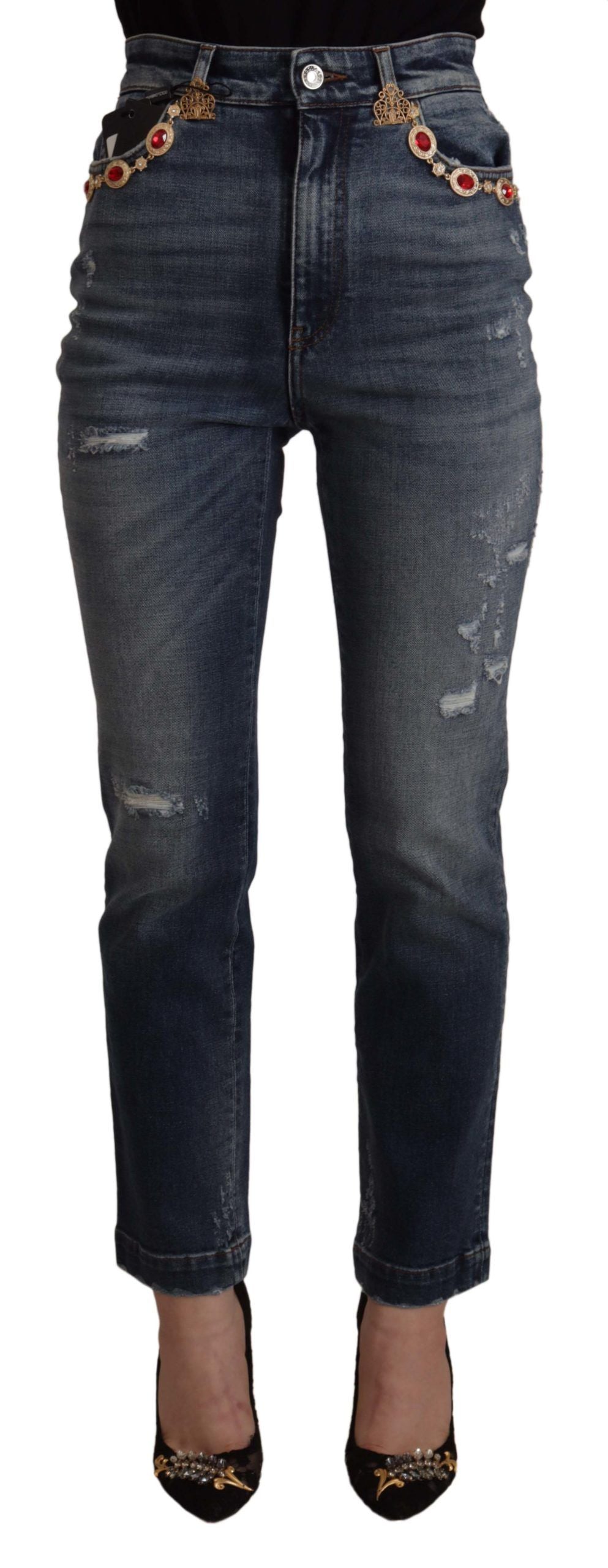 Dolce & Gabbana Blaue Denim-Hose mit Kristallverzierung Jeans