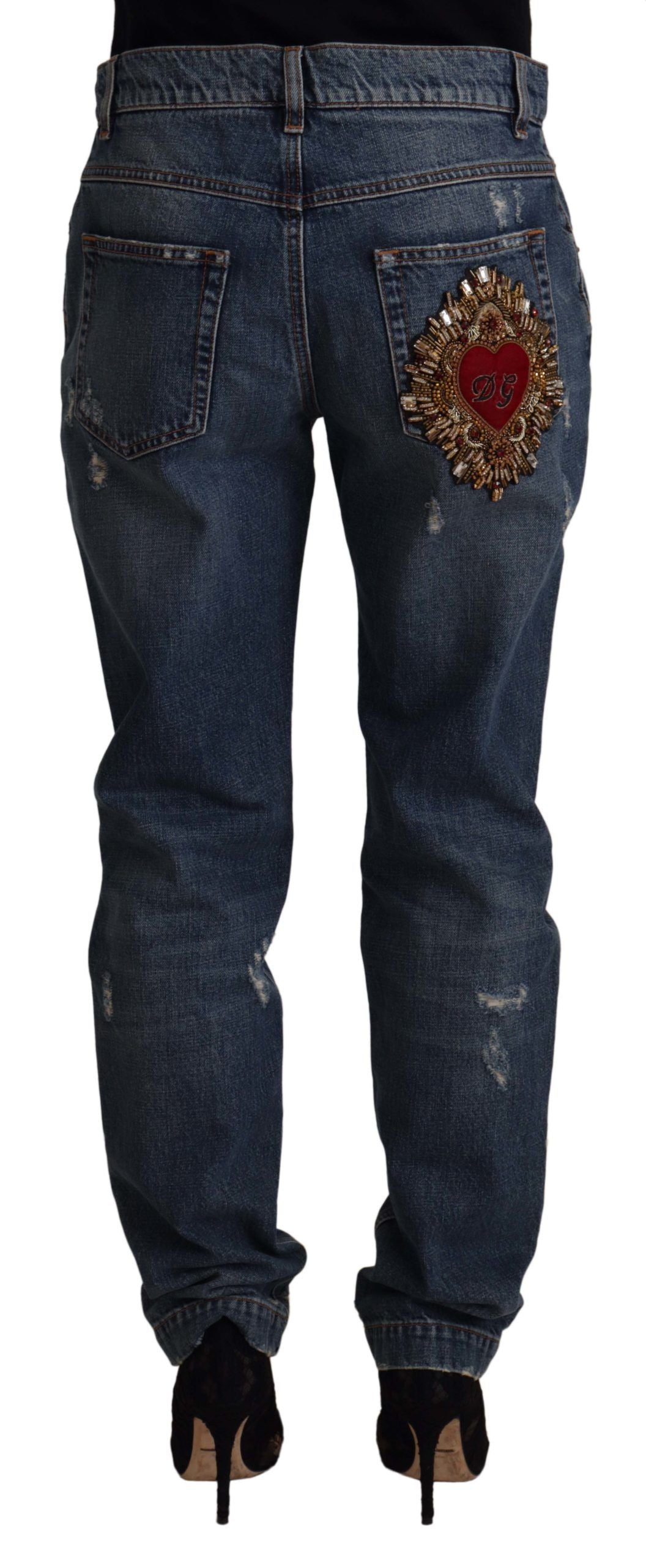 Dolce & Gabbana Blue Denim Baroque Heart Logo Patch Trousers Jeans
