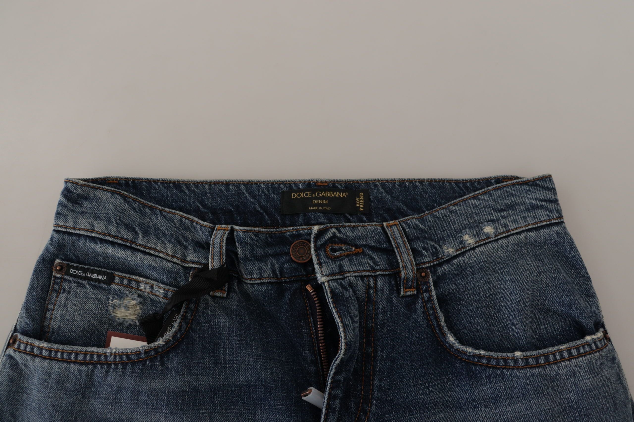 Dolce & Gabbana Blue Denim Baroque Heart Logo Patch Trousers Jeans