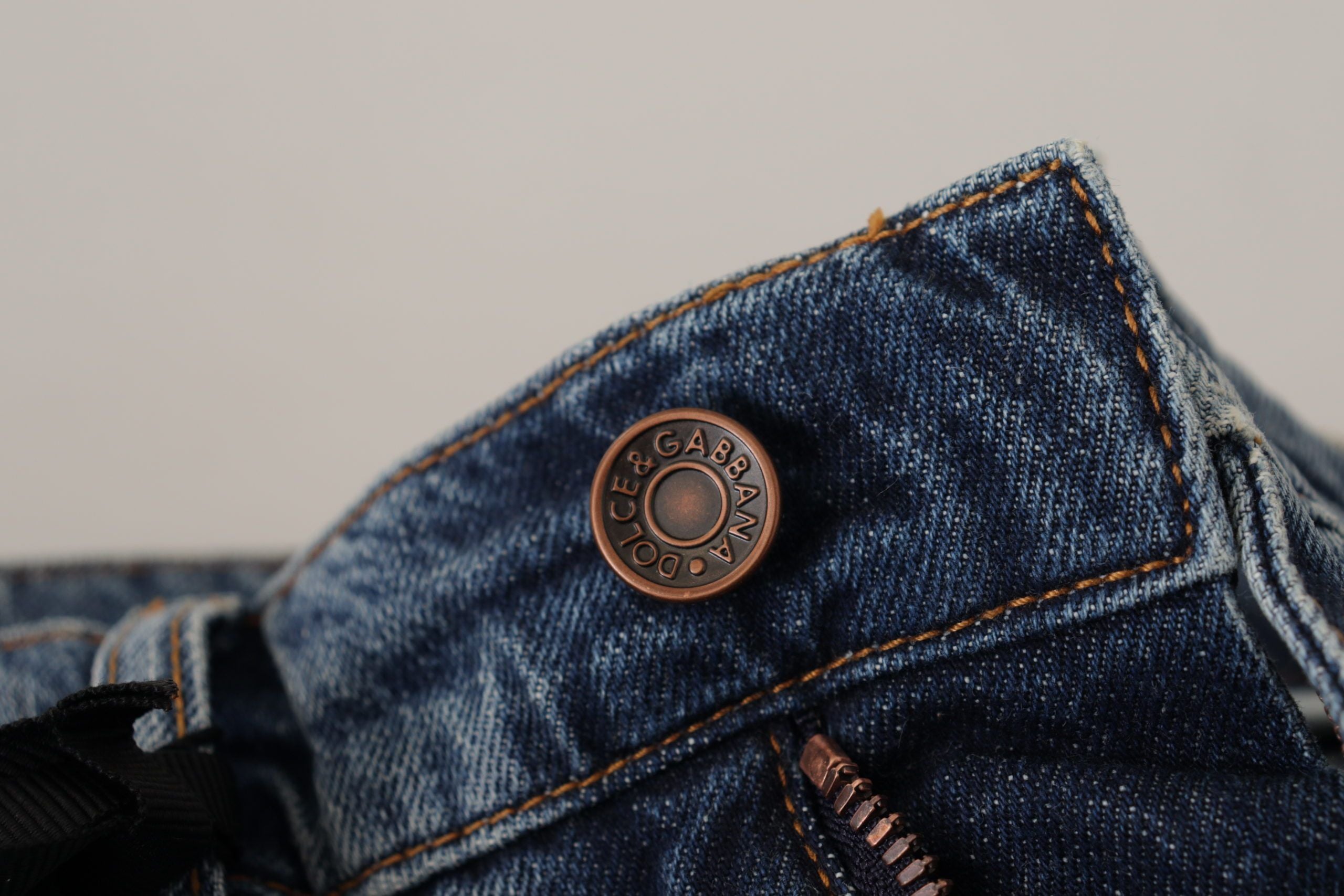 Dolce & Gabbana Blue Denim Baroque Heart Logo Patch Trousers Jeans