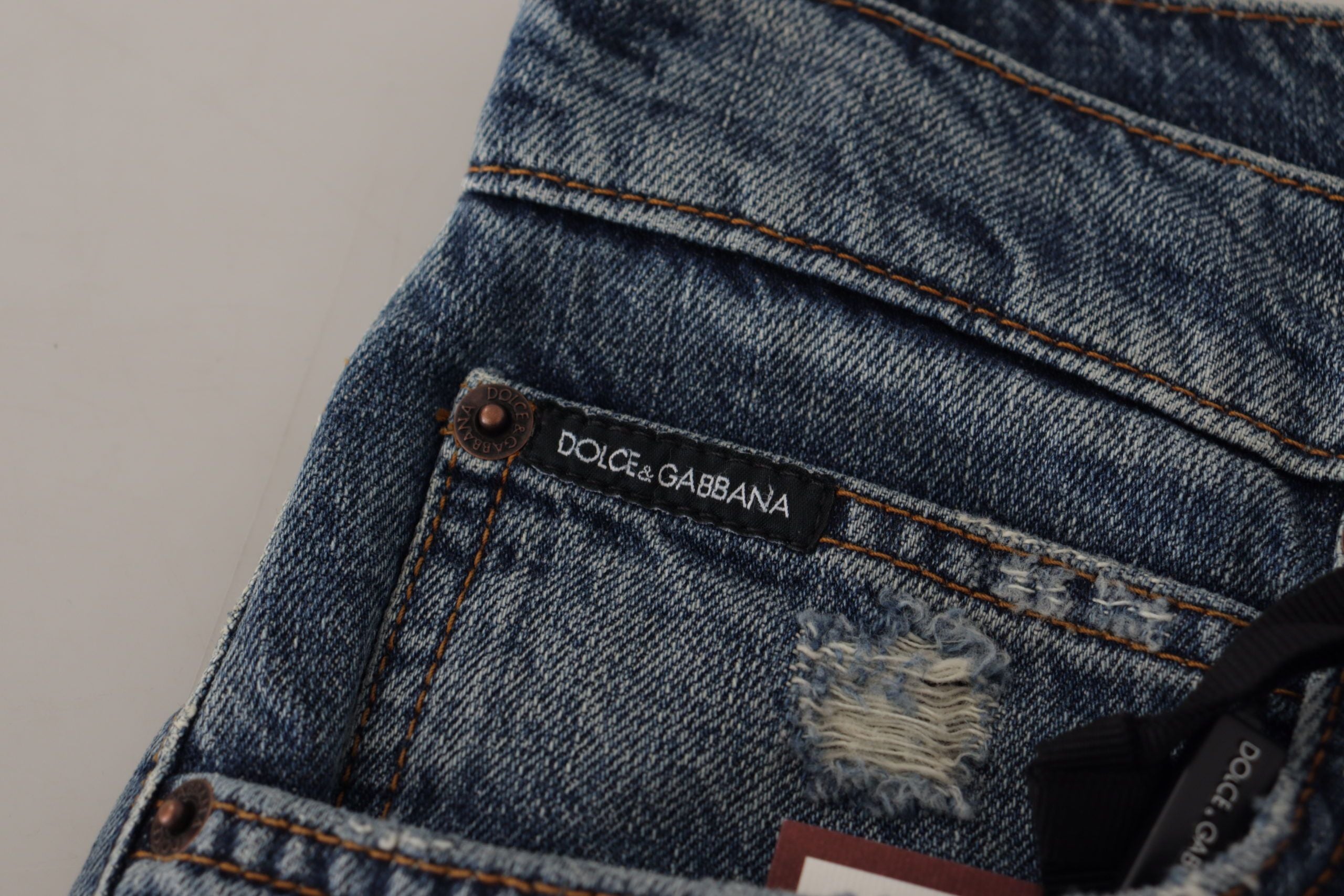 Dolce & Gabbana Blue Denim Baroque Heart Logo Patch Trousers Jeans