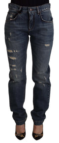 Dolce & Gabbana Blue Denim Baroque Heart Logo Patch Trousers Jeans