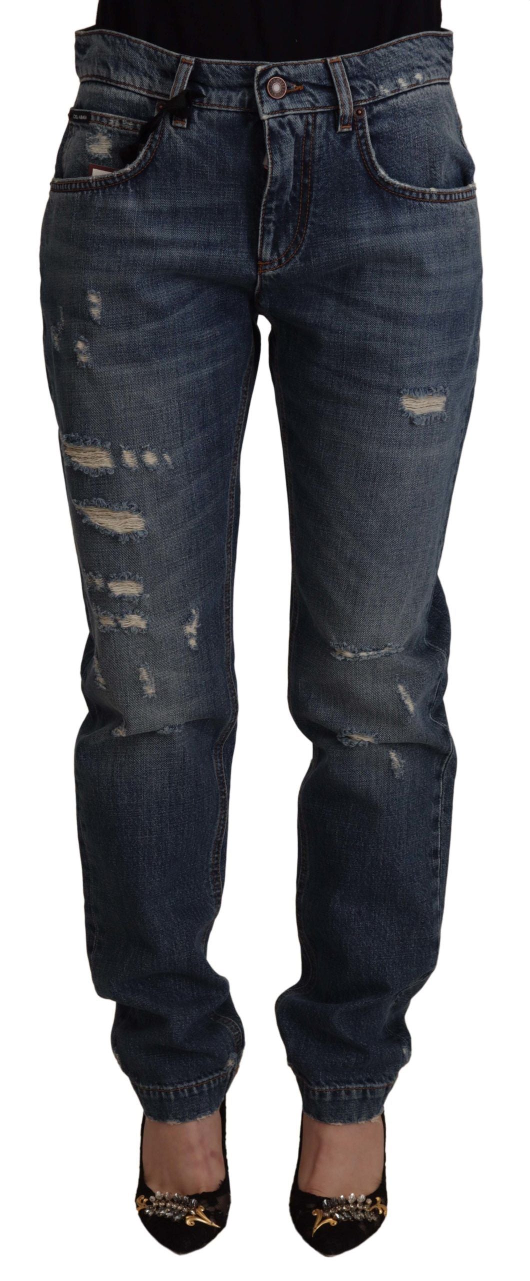 Dolce & Gabbana Blue Denim Baroque Heart Logo Patch Trousers Jeans