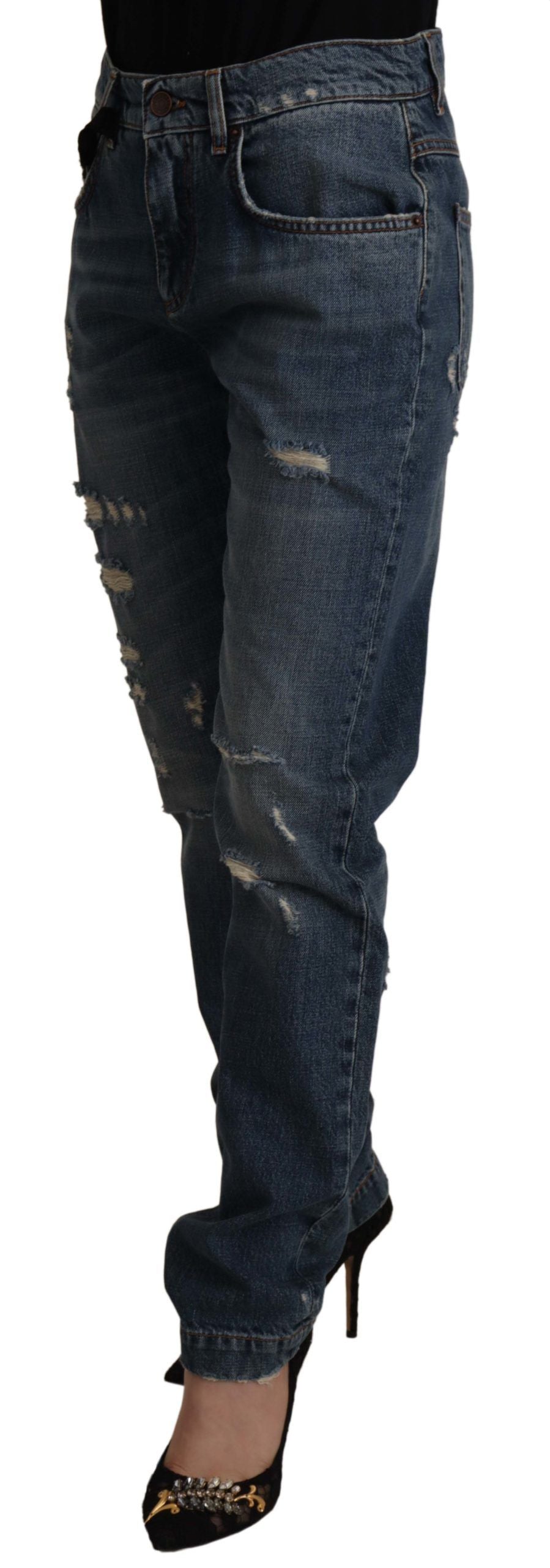 Dolce & Gabbana Blue Denim Baroque Heart Logo Patch Trousers Jeans