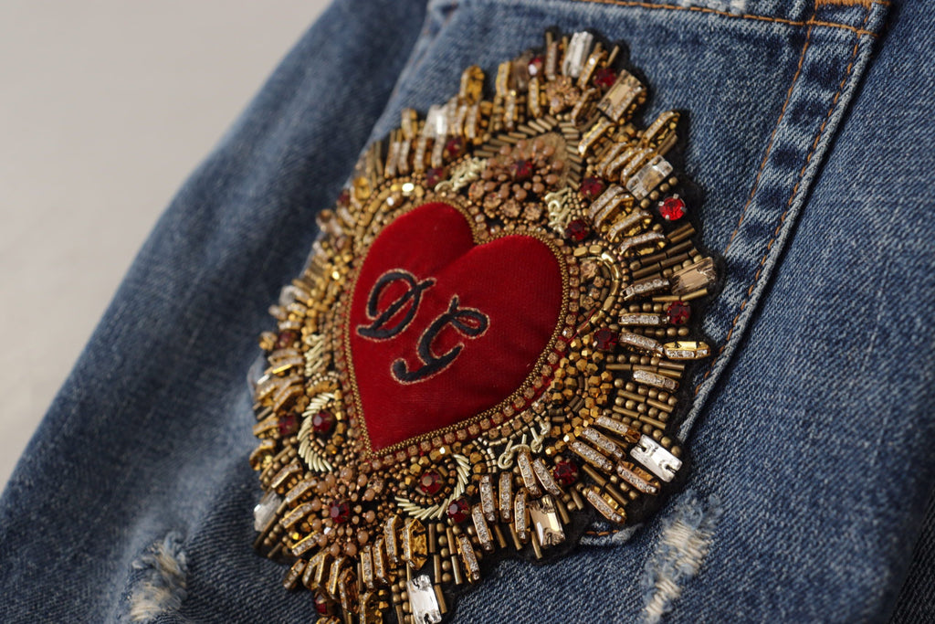 Dolce & Gabbana Blue Denim Baroque Heart Logo Patch Trousers Jeans
