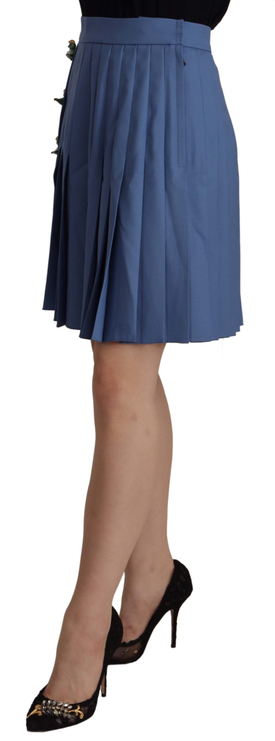 Dolce & Gabbana Embellished Blue Pleated Wool Miniskirt