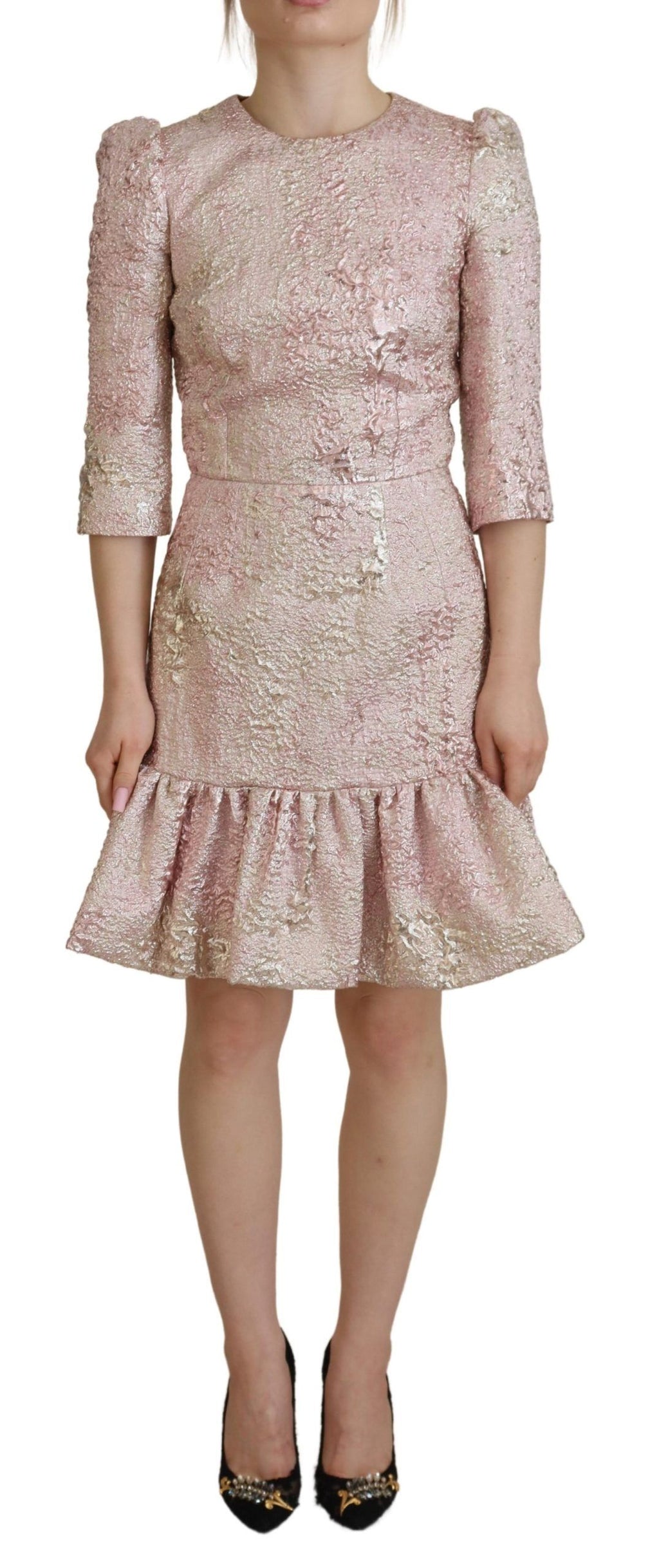 Dolce & Gabbana Rosa Jaquard 3/4-Ärmel Midikleid mit Etui