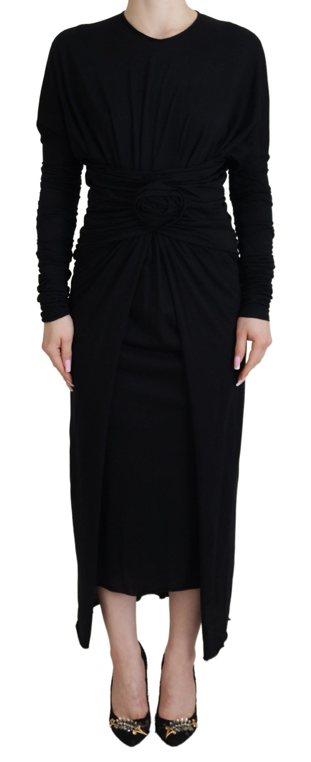 Dolce & Gabbana Black Sheath Midi Dress Wool Wrap Dress