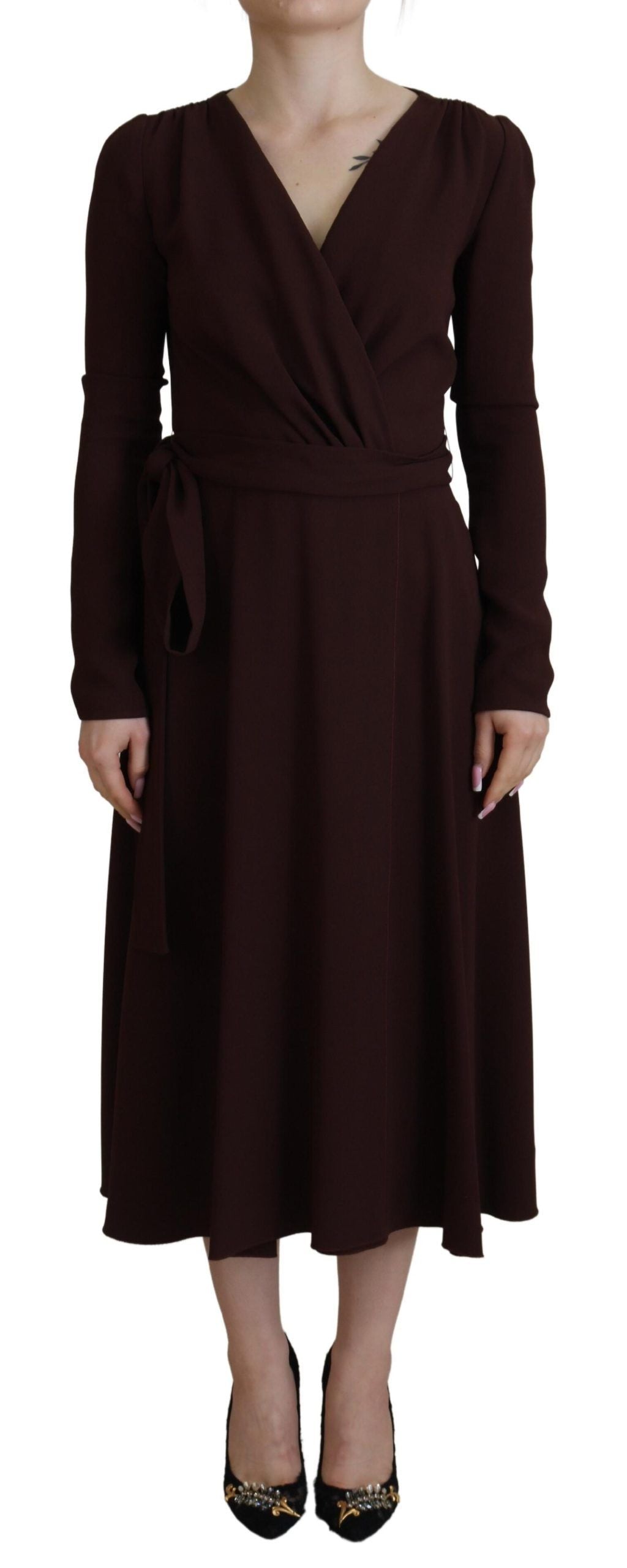 Dolce & Gabbana Brown Long-Sleeve Stretch Wrap-Effect Midi Dress
