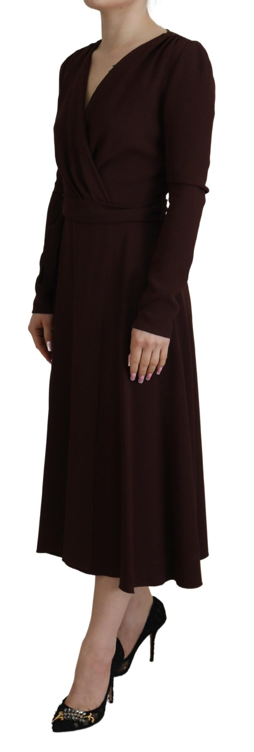 Dolce & Gabbana Brown Long-Sleeve Stretch Wrap-Effect Midi Dress