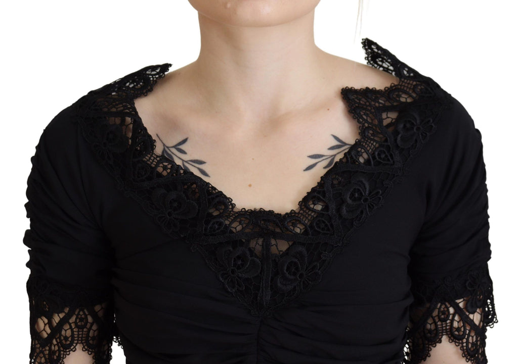 Dolce & Gabbana Schwarzes Midi-Bodycon-Kleid aus Seide mit Spitze
