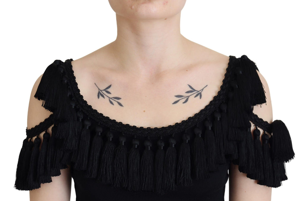 Dolce & Gabbana Schwarzes Tanktop Bluse Quastenbluse Baumwolle