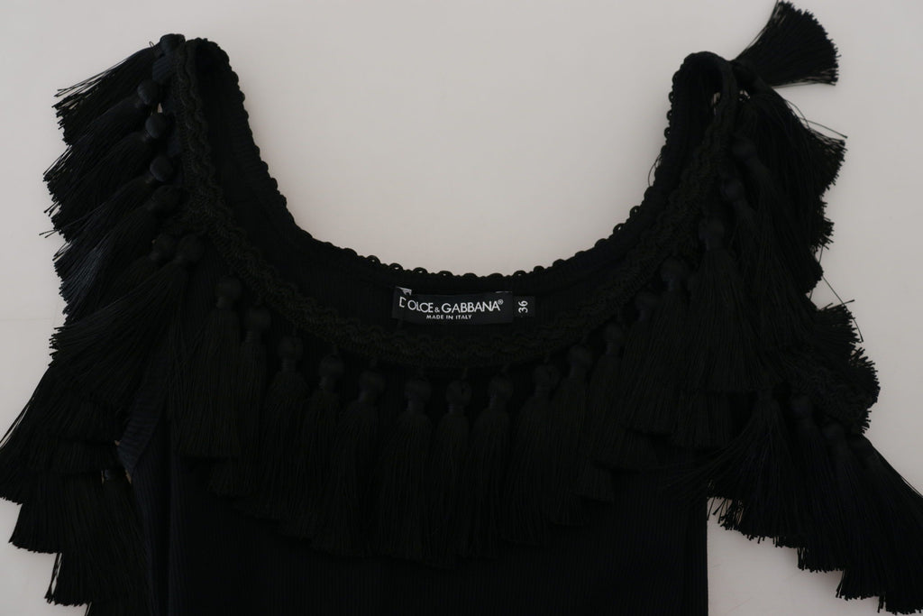 Dolce & Gabbana Schwarzes Tanktop Bluse Quastenbluse Baumwolle
