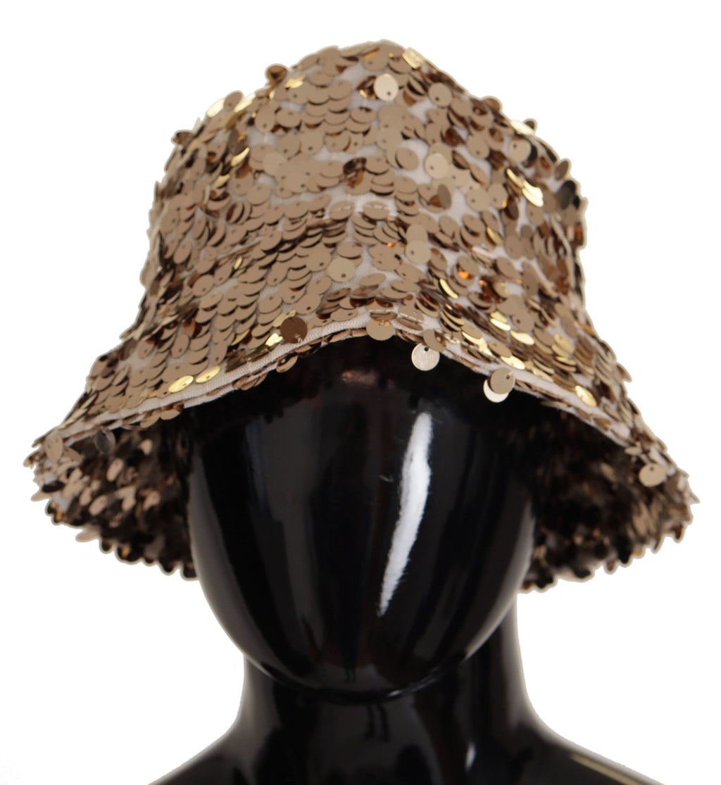 Dolce & Gabbana Gold Seide Pailletten verschönert Designer Krempe Eimer Hut