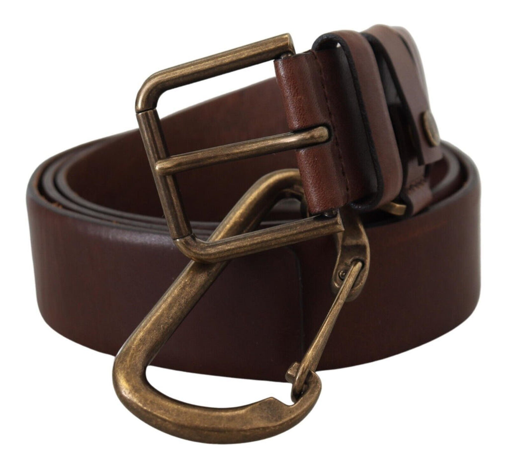 Dolce & Gabbana Brown Leather Belt with Gold Metal Buckle and Carabiner