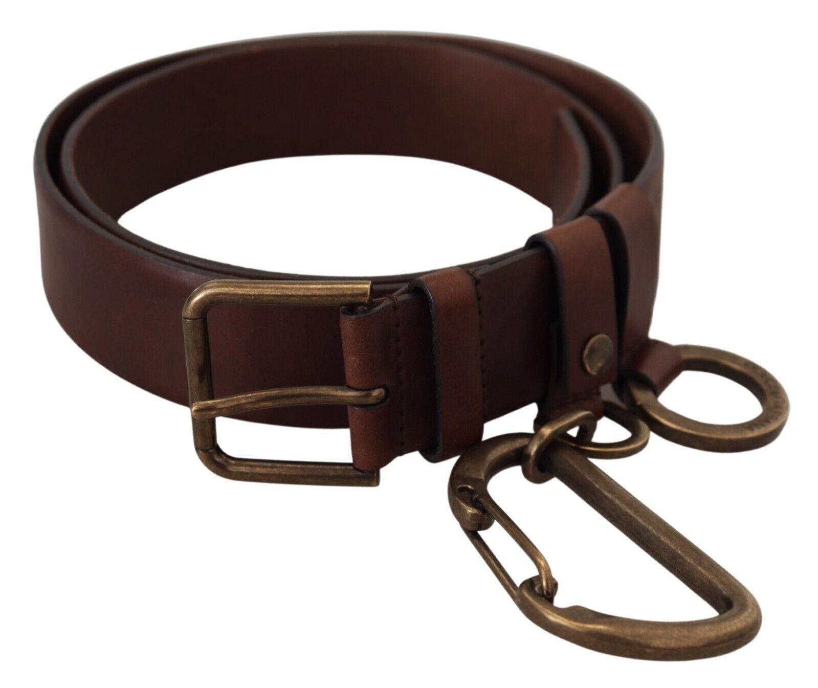 Dolce & Gabbana Brown Leather Belt with Gold Metal Buckle and Carabiner