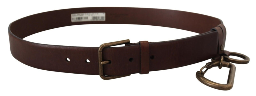 Dolce & Gabbana Brown Leather Belt with Gold Metal Buckle and Carabiner