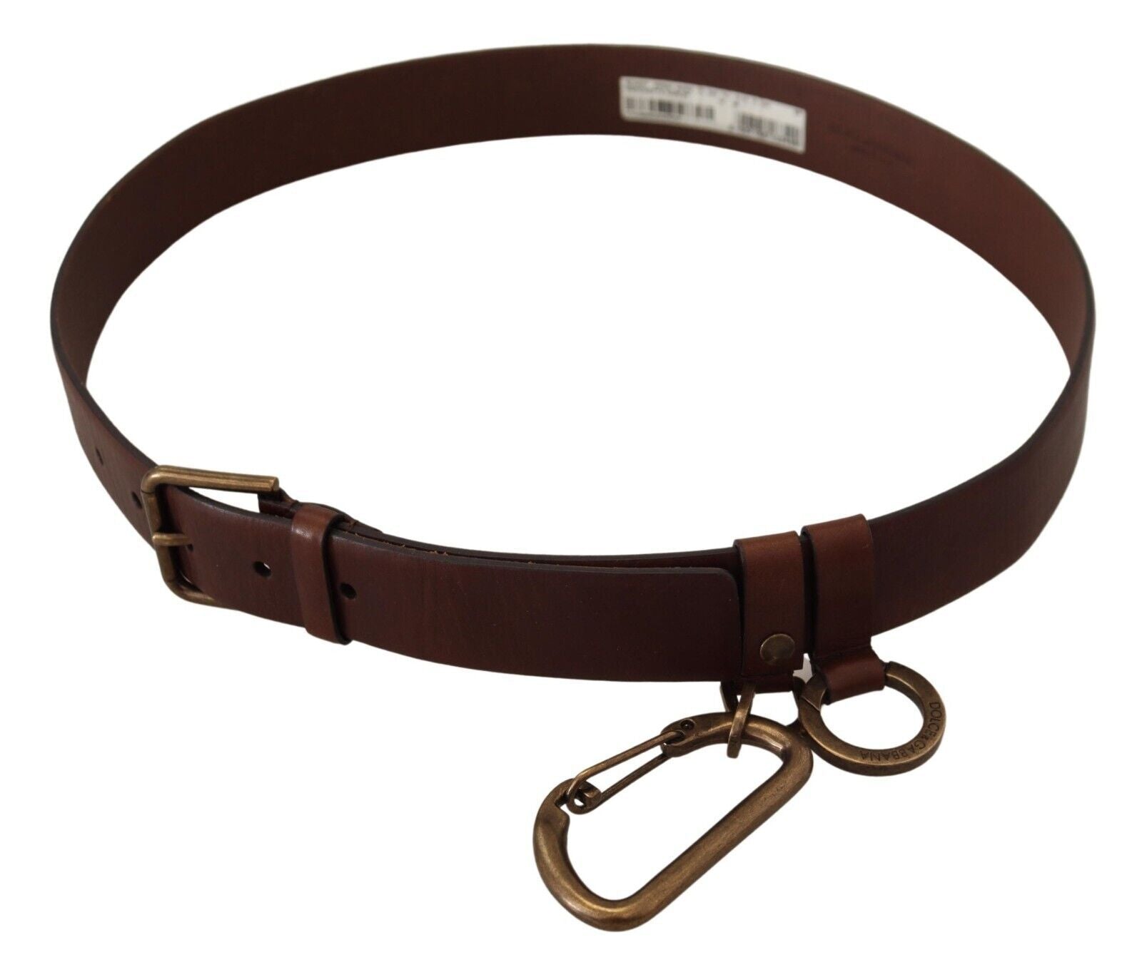 Dolce & Gabbana Brown Leather Belt with Gold Metal Buckle and Carabiner
