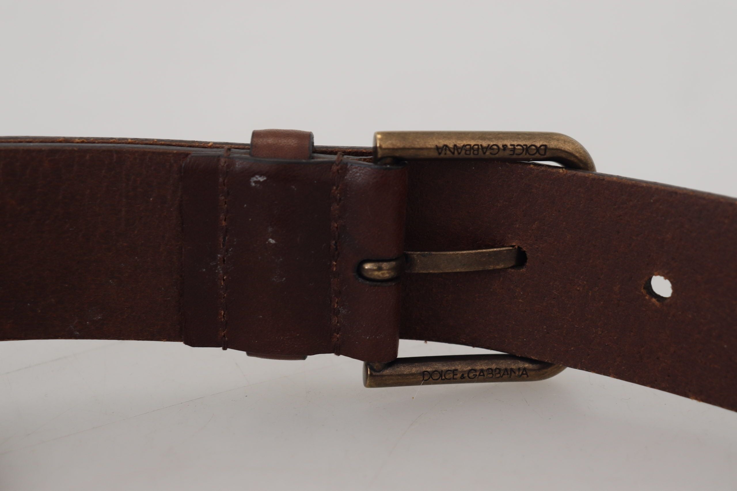 Dolce & Gabbana Brown Leather Belt with Gold Metal Buckle and Carabiner