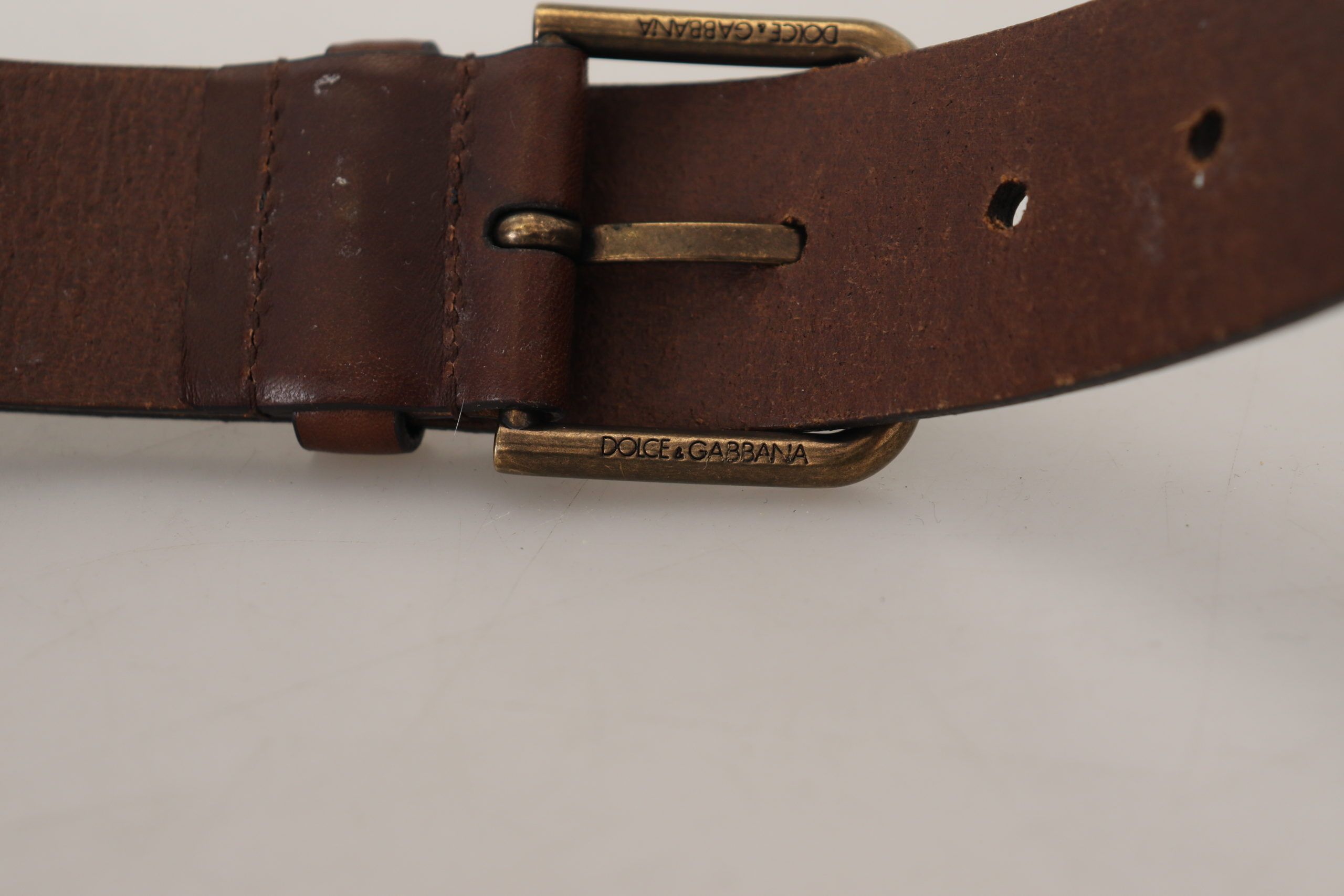 Dolce & Gabbana Brown Leather Belt with Gold Metal Buckle and Carabiner